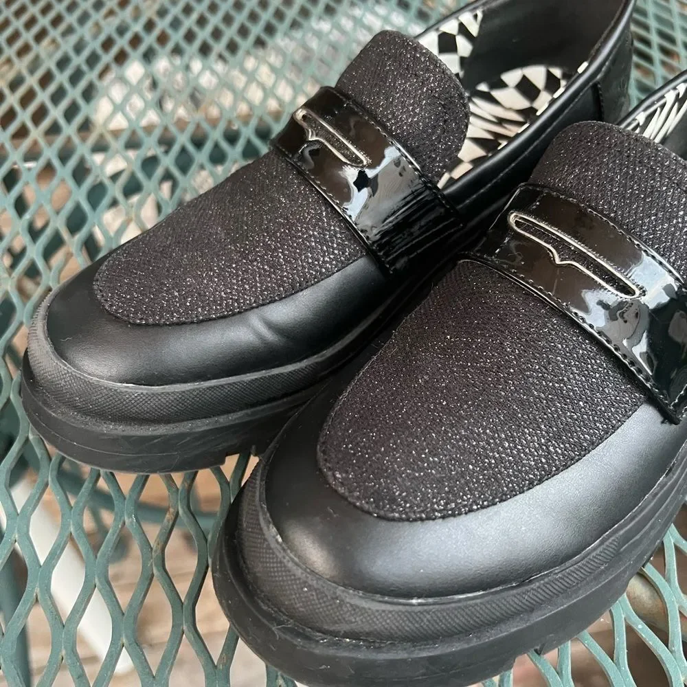 Steve Madden Black Loafers Girls Size 5 Women’s Size 7 Metallic Sparkle Y2K